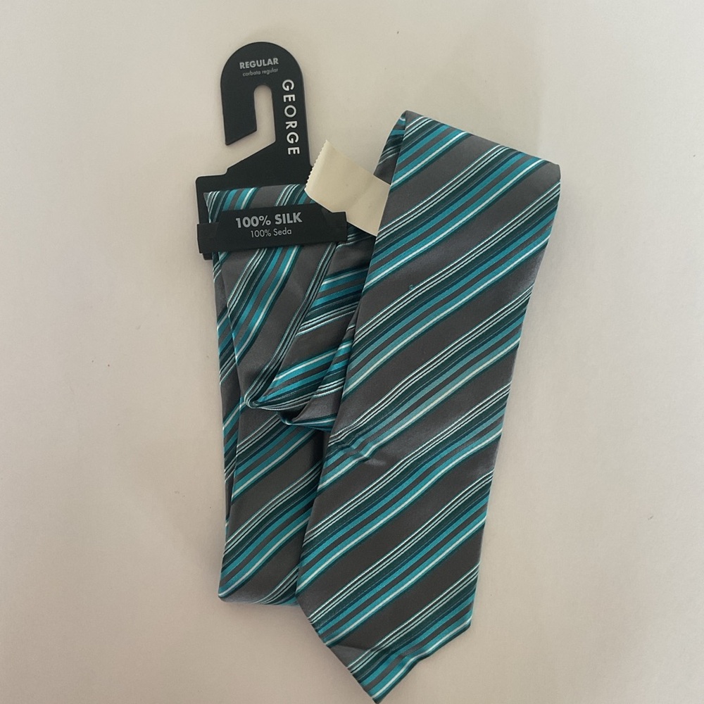 George Men's Silk Tie in Gray and Teal Stripes NWT